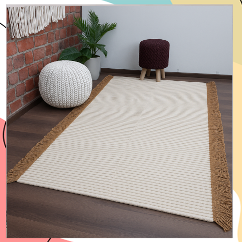 "נואיבה" - שטיח כותנה בצבע שמנת מעוטר פרנזים רוחביים של חבל הודי