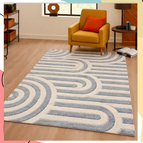 "מיטס" - שטיח בסיס כותנה כחולה משולב פרוות כותנה רכה בצורת קשתות