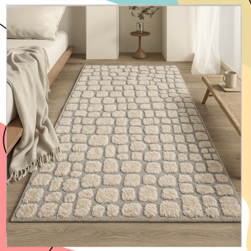 "טדי" - שטיח פלומה רכה תלת מימדי משבצות בצבעי אפור ושמנת