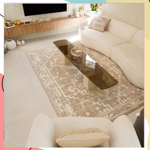 "נאפולי" - שטיח פרווה קצוצה עם הדפסיים אתניים בצבעי בג' ושמנת