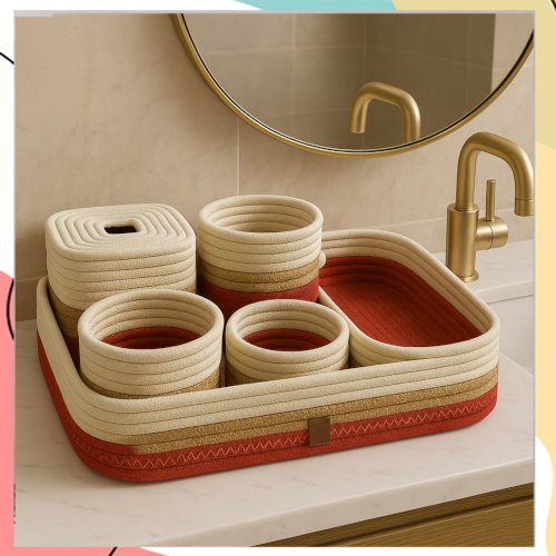 "נדין" – סט כלי רחצה עשוי חבל הודי וכותנה בעבודת יד עמיד לנוזלים | שני צבעים לבחירה