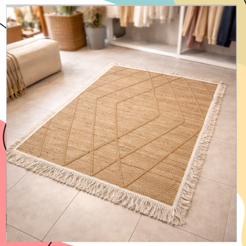 "טנטיפי" – שטיח חבל הודי מעויינים | עבודת יד | מוקף פרנזים לבנים