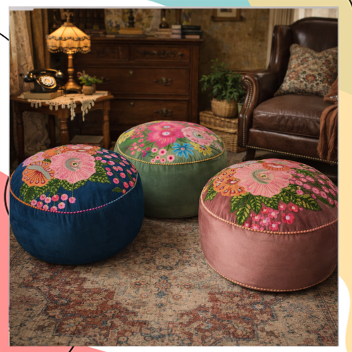 "פלורי" - הדומי קטיפה פירחוניים בעיצוב וינטאג'  | בעבודת יד תוצרת הודו