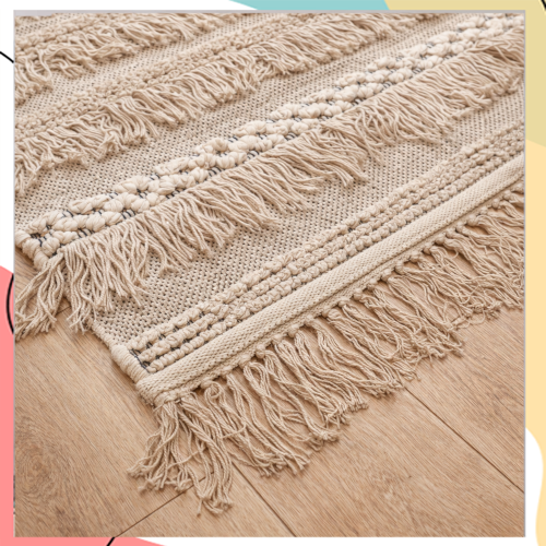 "בוב"  - שטיח כביס 100% כותנה בוהמי בצבע קרם עם גדילים ופונפונים ארוגים | במידה 120*180