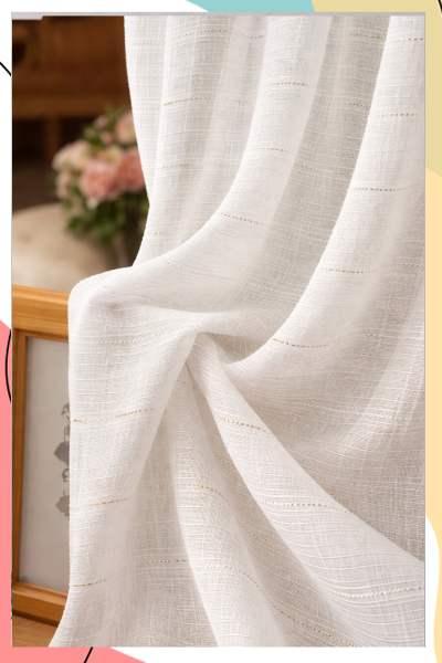 "לוסי" - וילון דמוי פשתן לבן "שבור" ארוג נגיעות זהב עדינות